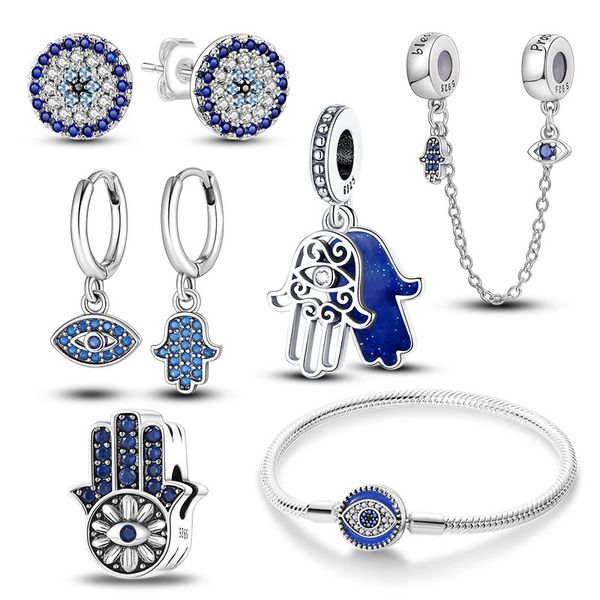 Devil Eyes Jewelry Set for Women Wedding Blue Zirconia Original 925 Boucles d'oreilles bracelet en argent Hand of Fatima Charms Suit Bijoux 240410