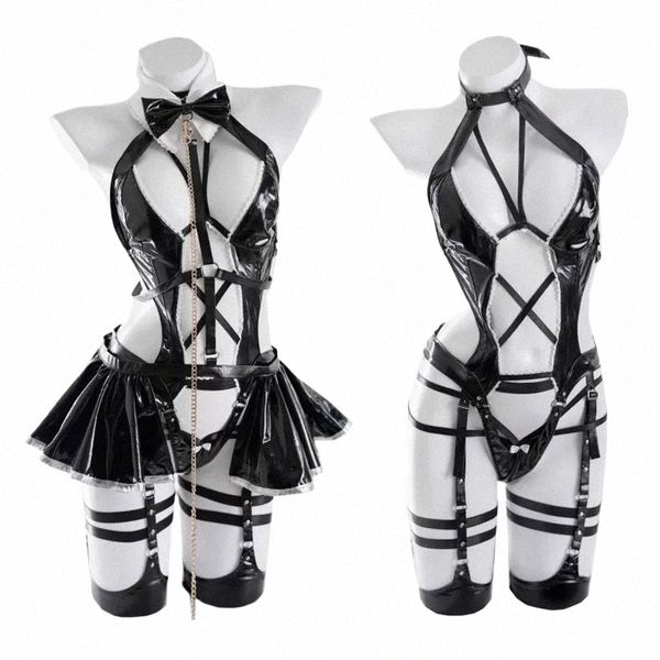 Diable Fille Costume En Cuir Maid Uniforme Cosplay Costume Femme Bandage Creux Out Body Combinaisons Dr Sexy Pyjamas Lingerie Ensemble k2Jk #