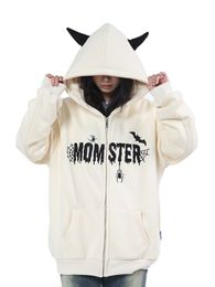 Duivel Hoorns Fleece Hoodie Y2K Hip Hop Borduren Momster Spider Bat Rits Kapmantel Streetwear 2024 Harajuku Punk Sweatshirt