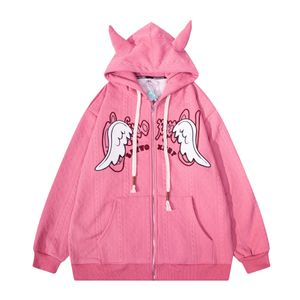 Devil's Horn Horned Cardigan Hoodies Men Women Pink Hip Hop Streetwear Zipper Warm Hooded Jackets Katoen Dikke Sweatshirts