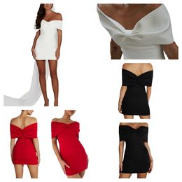 Bedenk zomerjurken voor vrouwen feestdress van de schouder afgedekt korte mouw Backdess Mini Dress Ployester Bow Misses White Red Summer Jurk Afstudeerjurk