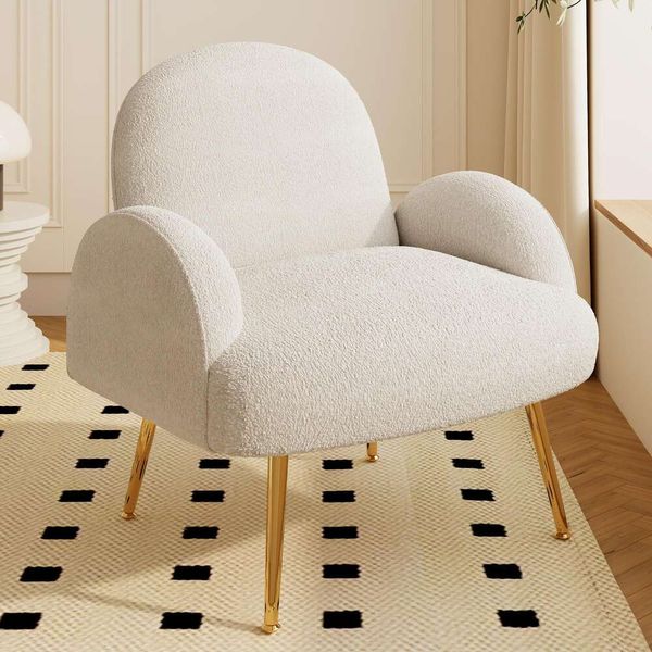 Dewhut Chaise décorative moderne en peluche d'agneau, chaise de coiffeuse avec accoudoirs rembourrés doux avec pieds en métal, adaptée aux chaises d'appoint moelleuses dans les salons, chambres à coucher, maison