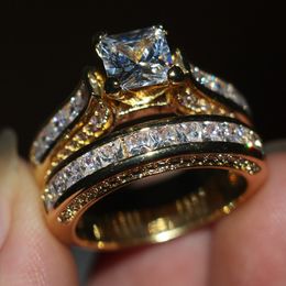 Dexule Vrouwen Mannen Sieraden Ring Prinses Cut 2CT Diamond 14KT Geel Goud Gevulde Engagement Bruiloft Band Ring Gift