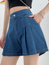 DFRCAEG 2023 Zomer plus size denim shorts voor vrouwen Hoge elastische taille blauw of hemel geplooide mini grote korte femme 240422