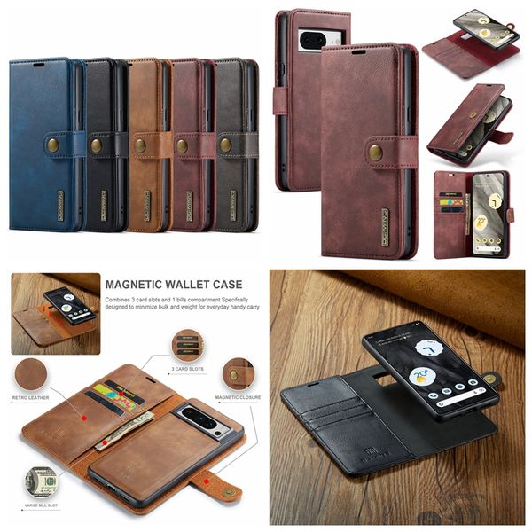 DG.MING Étuis portefeuille en cuir 2 en 1 pour Google Pixel 8 7 7A 6A 6 Pro Sony Xperia 1 10 V Couverture magnétique détachable amovible Bouton en métal Porte-carte d'identité Pochette en PU