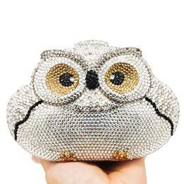 Dgrain Hollow Owl Women Silver Crystal Evening Clutch Animal Bag Wedding Party Cocktail Diamond Handtas en Purse Dinner Purse302H