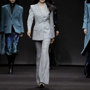 DH01 Diamond Women's Suit sets Grey Black Black Double Breasted Elegant French Veste pantalon Slim Temperament Tempides