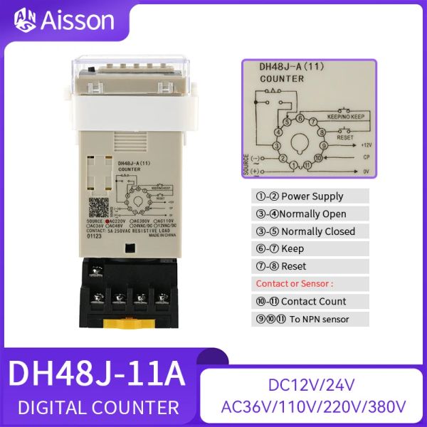 DH48J-8 8A 11A Preset Electronic Pantalabresía digital relé NPN sensor recuento acíclico 8pin 11pin con base DC12V 24V AC220V