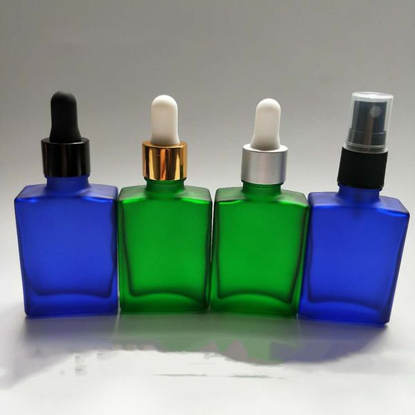 DHgate 15ml 30ml 50ml 100ml Rectángulo Botella cosmética de vidrio verde esmerilado con tapas de tipo 30ml Botella de vidrio cuadrado azul esmerilado para el cuidado de la piel al por mayor