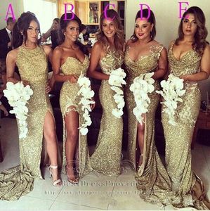 Gold Sexy Bling Lentejuelas Vestidos de dama de honor Halter Neck Illusion Back High Split Vestidos de noche Apliques Long Maid of Honor Gowns