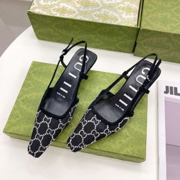 DHgate Diseñador vestido de fiesta zapato Doble cuero slingback oficina negro Malla de encaje Bombas de mujer de lujo Zapato de tacón alto moda Cristal dama regalo tela Tamaño del zapato 35-41