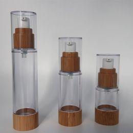 DHgate milieuvriendelijke bamboe airless cosmetische lotionfles met doorzichtige buitenhoes, 15 ml 30 ml 50 ml als plastic huidverzorging gezichtscrème pompfles