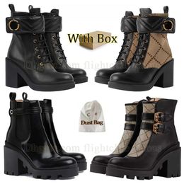 DHgate Hot Enkellaarzen Martin Boots voor dames Hoge hak Combat Boot Rits Platformhak Leren laars Veterlaarzen Snowboots Woestijnlaars Vintage print Jacquard met doos