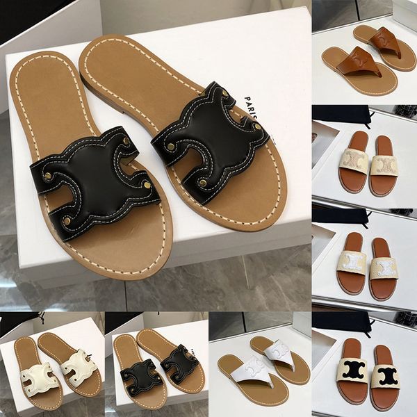 Designer Sandals Slippers Luxury Leather Mules tongs Black Blanc Brown Blow Talons Femmes Fomes Dames Élégantes Chaussures de plage d'été Ceeline