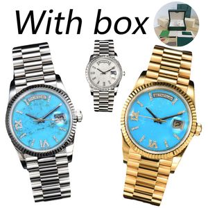 Dhgate Reloj de diamantes para mujer Día de la semana Fecha 36 Esfera turquesa Anillo de diamantes Resistente a los arañazos Cristal azul Reloj mecánico completamente automático para mujer Montre De Luxe