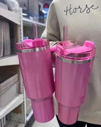 40 oz H2.0 roestvrijstalen tuimelaars Cups met siliconengreeplid en stro grote capaciteit auto mokken vacuüm geïsoleerde waterflessen roze flamingo 1116