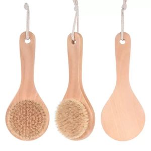 DHL 100pcs bain sec corps brosse dos épurateur anti-dérapant court manche en bois poils naturels douche exfoliant masseur FY3691