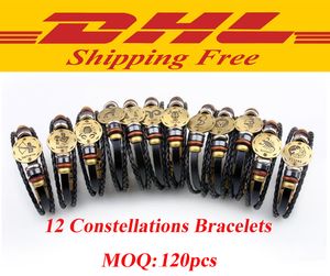 DHL envío gratis 12 Constelaciones Pulsera 2017 Nueva Joyería de Moda Pulsera de Cuero Hombres Personalidad Casual Signos del Zodiaco Pulsera Punky