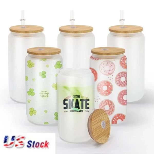 DHL 12 oz 16 oz Sublimación DIY Tazas de cerveza de vidrio con tapa de bambú Vasos de paja Espacios en blanco Esmerilado Lata transparente Tazas Transferencia de calor Cóctel Café helado Whisky