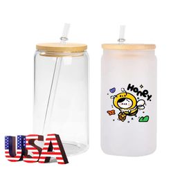 DHL CAN USA 12oz 16 oz Sublimatie Glas Bier Mokken met Bamboe Deksel Stro Tumblers DIY Blanks Frosted Clear Can Cups Heat Transfer Cocktail Iced Coffee Whiskey GG0602