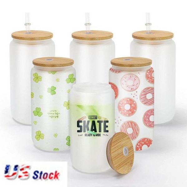 DHL 12 oz 16 oz Tazas de cerveza de vidrio de sublimación con tapa de bambú Vasos de paja Espacios en blanco de bricolaje Tazas de lata transparentes esmeriladas Cóctel de transferencia de calor Café helado Whisky B1116