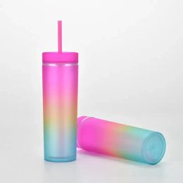 DHL 16oz rechte acryl tumbler met dekselstroomgradiëntkleuren Plastic beker 480 ml dubbele wand acryl waterfles bpa gratis