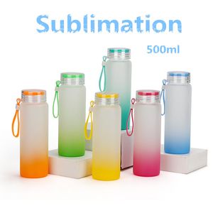 Taza de sublimación Botella de agua 500ml Botellas de agua de vidrio esmerilado gradiente Vaso en blanco Bebidas Tazas Color degradado FY5084