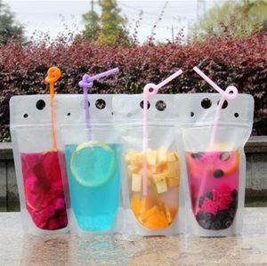 DHL 17oz Clear Drink Pouches Bags frosted Zipper Stand-up Plastic Drinking Bag with straw with holder Reclosable Heat-Proof