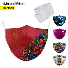 DHL 2020 Design Butterfly Gedrukt Gezichtsmasker Stofdicht Ademend Beschermende Designer Maskers Wasbaar Verstelbaar Doek Masker met 2 Filter