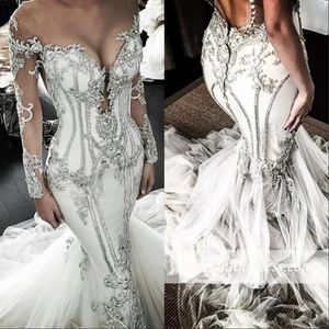 DHL 2022 mangas largas sirena vestidos de novia brillante con cuentas de cristal de lujo más tamaño vestido de novia barrido tren pura joya cuello Vestido De Novia