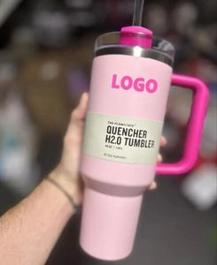 Roze Flamingo Quencher Tie Dye 40oz Tumbler met handvat, roestvrijstalen koffiekopje met deksel en rietje