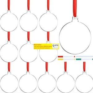 DHL 24 -stuk 3inch transparante Clear Circle Christmas Hangtag Diy Blank Round Round Acryl Xmas Tree Ornamenten Hanger Groothandel