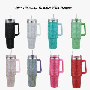 DHL 40oz Diamond Tumblers Cups met handvat, deksels en rietje RVS geïsoleerde Tumblers Bling bling autoreismokken Termos waterflessen FY5717 1115