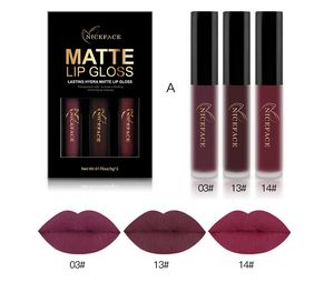 DHL 40set / lot NICEFACE 3pcs Ensemble de maquillage de rouge à lèvres liquide mat imperméable à l'eau longue durée brillant à lèvres anti-baiser créer des lèvres de velours de beauté nue