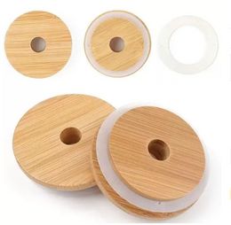 Tapas de tapa de bambú de DHL 70 mm 88 mm Tapa de tarro de albañil de madera reutilizable con orificio de paja y sello de silicona sxmy1