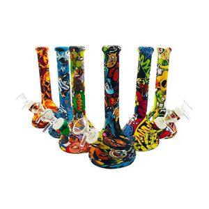 DHL Camouflage Coloré Silicone Bong Narguilé Pipe À Eau Mini Bécher Bongs Impression De Bande Dessinée Pipes À Fumer Avec Silicone Downstem Bol En Verre Dab Rigs