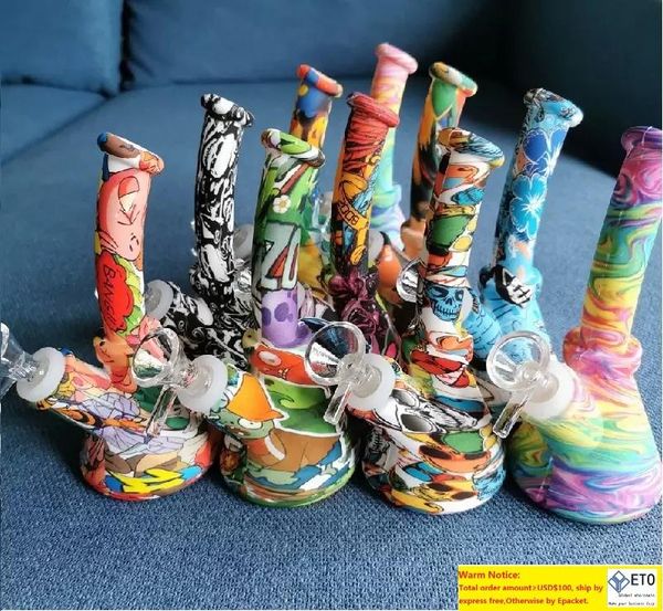 DHL Impresión de dibujos animados Silicona Bong Beaker Base Tuberías de agua Mini Unbreakable Oil Rig bong de agua con Silicone Downstem Glass Bowl