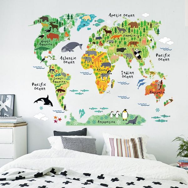 DHL coloré Animal carte du monde vinyle autocollant mural pour chambre d'enfants décor à la maison 3D décalcomanies créatives Pegatinas De Pared vivant autocollantsReliver