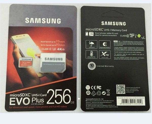 Entrega de DHL 16G / 32GB / 64GB / 128GB / 256GB Tarjeta micro sd Samsung EVO + Plus de alta calidad U3 / tarjeta TF para teléfono inteligente C10 / Grabadora de automóvil Tarjetas de almacenamiento 95MB / S