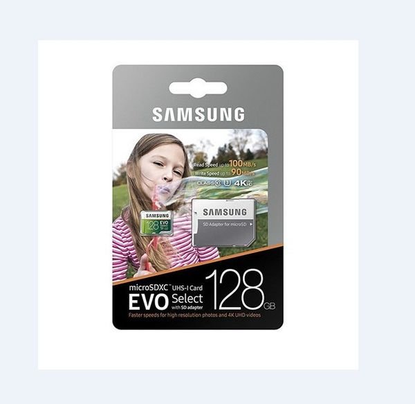 Entrega de DHL 16G / 32GB / 64GB / 128GB / 256GB Samsung EVO Seleccionar tarjeta micro sd / teléfono inteligente Tarjeta de almacenamiento SDXC / Tarjeta TF / Tarjeta de memoria de cámara HD 100 MB / S