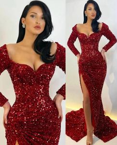 Robes de soirée sexy hautes fentes 2022 avec manches longues paillettes paillettes sirène robes de bal formelles balayage train arabe Aso Ebi femmes robe de soirée B0603x9