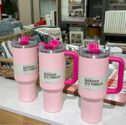 DHL Flamingo Pink avec logo 1: 1 Nouveaux gobelets de 40 oz avec poignée et paille Tasses de voiture de voyage en acier inoxydable isolées réutilisables Tasses de bouteille d'eau de grande capacité 0218