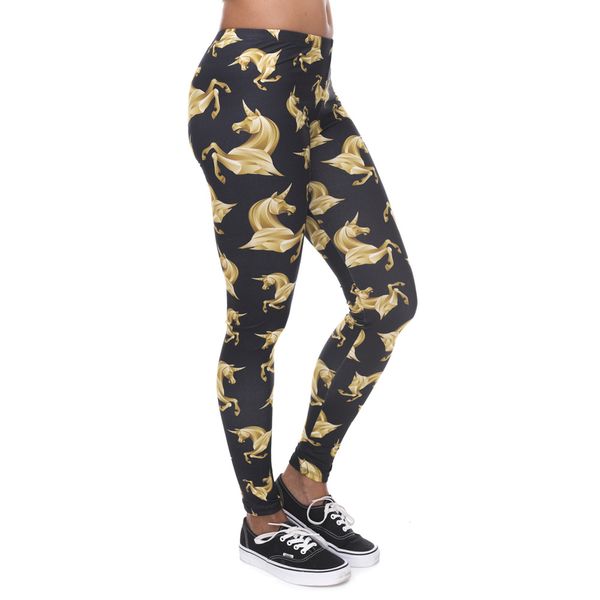 DHL GRATUIT! 10pcs / Lot Leggings Femmes Golden Unicorn Impression Black Leggings Femme High Taille Casual Leggings