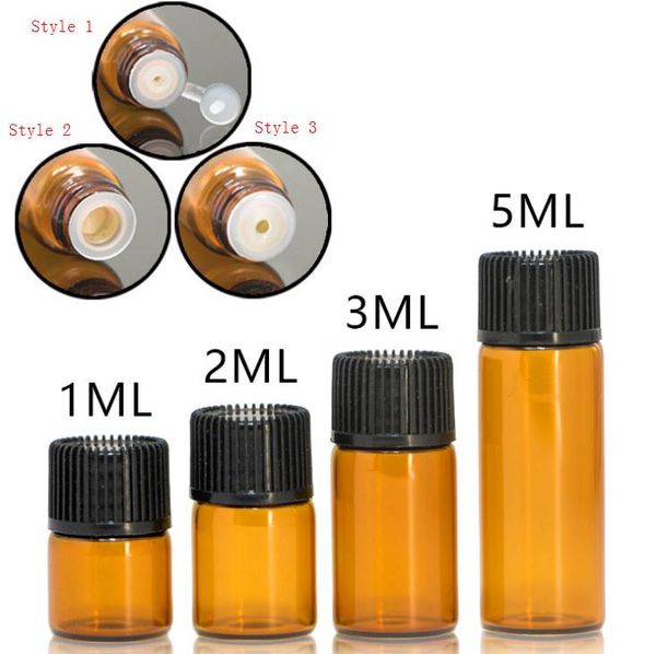 DHL gratuit 1 ml 2 ml 3 ml 5 ml flacons de petite bouteille en verre ambré avec réducteur d'orifice bouchon noir pour huiles essentielles d'aromathérapie SN3187