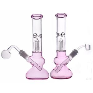 DHL gratuit ROSE Pipe à eau en verre lourd 4 bras Tree Perc narguilé bécher bongs avec clou de banger en quartz de 14 mm et tuyau de brûleur à mazout en verre