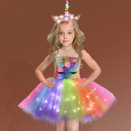 DHL Girls Shiny Unicorn Tut Dress Gloeiende Kinderjurken voor meisjes Hallowmas Party Princess Children Clothing Vestidos