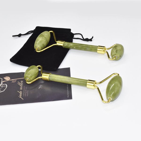 DHL freeshipping Masaje facial natural Jade Roller Face Thin Massager Con tapón de goma Mute Green Jade Roll