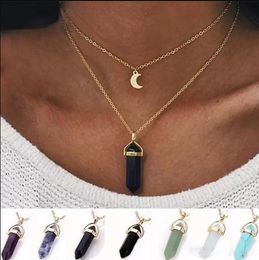 DHL Natuurlijke stenen geven de voorkeur aan maan hangers ketting dubbele laag goud linkketens vrouwen kristal kwarts kogel zeshoekige prismale punt genezing charme sieraden b0507