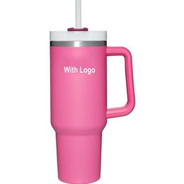 DHL Rose 40oz Gobelet en acier inoxydable avec logo poignée couvercle paille grande capacité tasse de bière bouteille d'eau revêtement en poudre camping en plein air2797