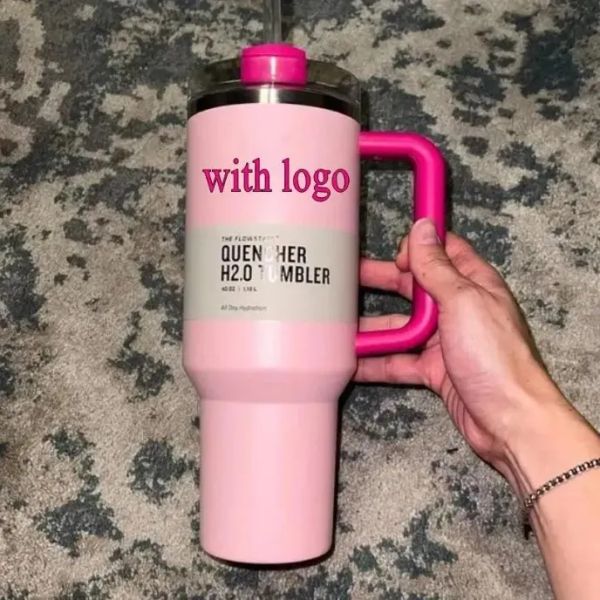 DHL PINK Flamingo 40oz Quencher H2.0 Tasses Tasses Camping en plein air Voyage Tasse de voiture Gobelets en acier inoxydable Tasses avec poignée en silicone Cadeau de la Saint-Valentin 1: 1 Même stock américain